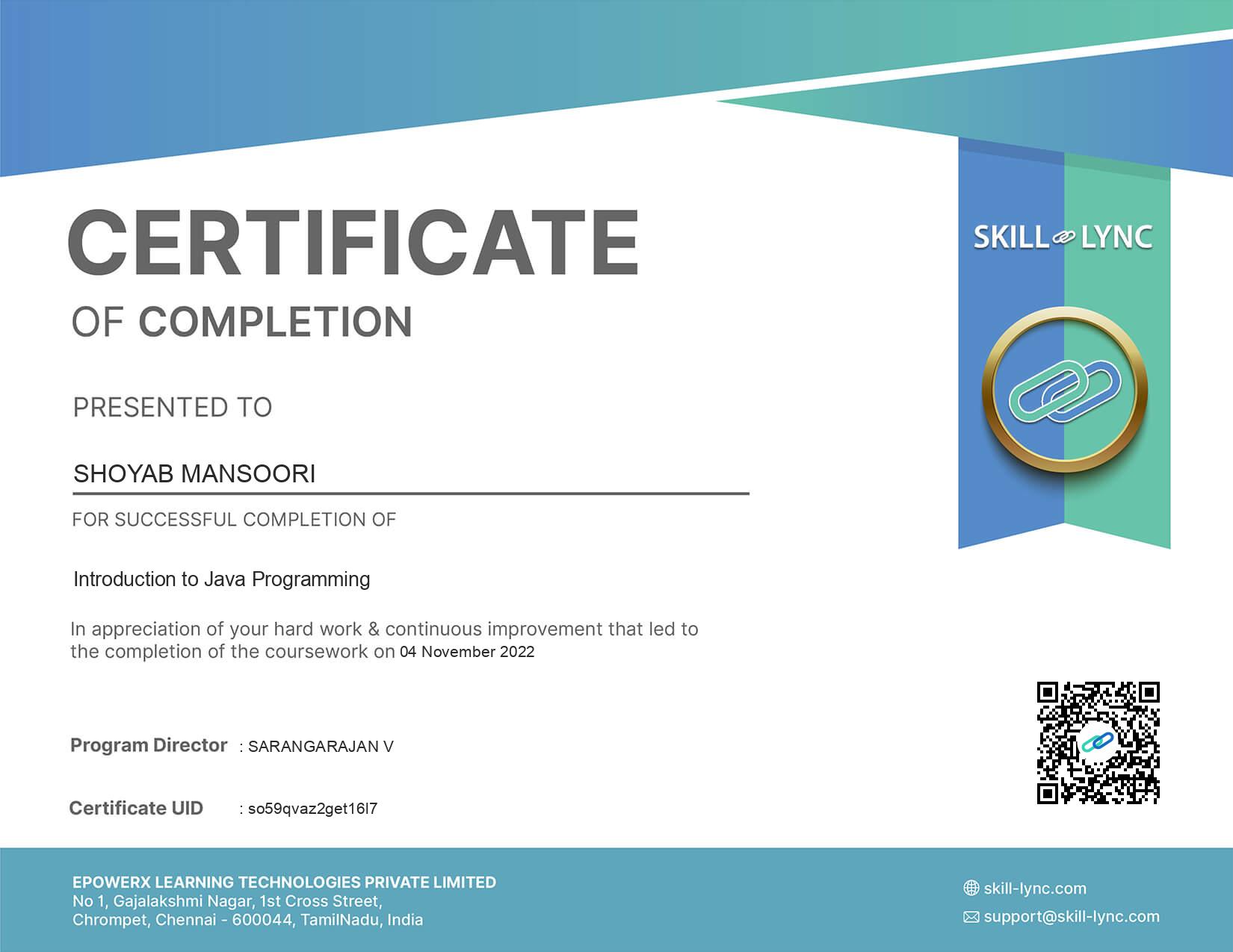 Shoyab Mansoori Introduction to Java Programming Certificate
